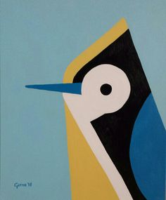 an abstract painting of a bird with blue, yellow and black feathers on it's head