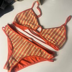 Lspace Striped Bikini Bottoms Are A Small Petite And The Top Is A Size Medium Fun And Bright And Cute As Can Be. I This Bikini. Orange Underwire Swimwear For The Beach, Orange Triangle Top Swimwear For Vacation, Orange Triangle Top Swimwear For Beach Season, Orange Underwire Swimwear For Beachwear, Orange Underwire Beachwear Swimwear, Orange Underwire Swimwear For Pool, Orange Lined Swimwear For Swimming, Orange Lined Swimwear, Orange Underwire Swimwear For Summer