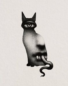 a black and white drawing of a cat with its mouth open, looking at the viewer