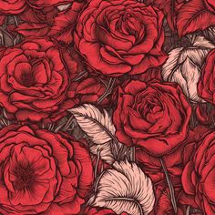 red roses with leaves and buds on a dark background, seamless pattern for fabric or wallpaper