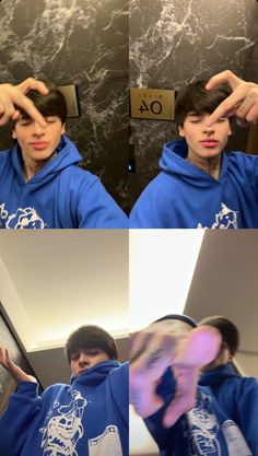 two pictures of a man in a blue hoodie