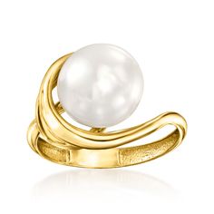 Ross-Simons - 10-10.5mm Cultured Pearl Asymmetrical Ring in 14kt Yellow Gold. Size 7. We love the juxtaposition showcased in this unique style, which presents a timeless 10-10.5mm cultured freshwater button pearl at the center of an artful asymmetrical setting. Finely crafted in polished 14kt yellow gold. You'll love this modern take on a traditional gem. 1/2" wide. White pearl ring. Pearl birthstones are the perfect gift for June birthdays. Gold Ring Price, Asymmetrical Ring, Sapphire Halo Ring, White Pearl Ring, Cultured Pearl Ring, Silver Pearl Ring, Pearl Birthstone, Ring Pearl, Mabe Pearl