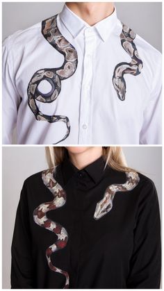 two pictures of the same shirt with an image of a snake on it's chest