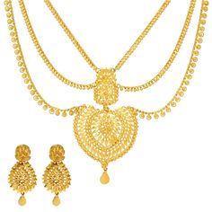 Pair this dazzling 22k Indian gold jewelry set with bridal or traditional indian gowns for a radiant look of cultural elegance. The layered beauty of the 22k gold necklace is enhanced by exquisite beading and filigree work. The matching Indian gold earrings complete the look of this 22k jewelry set by adding a chic and stylish finish. Features • 22k yellow gold• Filigree • BeadingAs a leading supplier of authentic Indian gold jewelry, we are proud to offer a wide variety of exquisite 22k gold je Indian Gold Earrings, Indian Gold Jewelry, Gold Jewelry Set, 22k Gold Necklace, 22k Gold Jewelry, Gold Jewelry Sets, Indian Jewellery Design, Indian Gowns, Yellow Gold Necklace