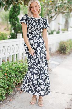 shop the mint, boutique clothing for women, trendy online boutique Black Floral Maxi Dress, Mint Julep Boutique, Smocked Top, Top Round, Model Fits, Floral Maxi, Floral Maxi Dress, Black Floral, Round Neckline