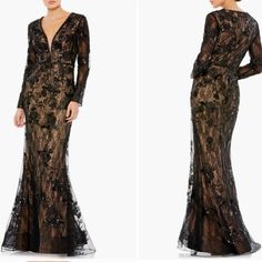 Mac Duggal Hand-Embellished Lace Overlay; 100% Polyester Nude Lining Fully Lined Through Bodice And Skirt; Sheer Unlined Sleeves Plunge Neckline Mesh Bust Inset Long Sleeves Hand-Beaded Neckline Trim And Waist Detail Concealed Back Zipper Approx. 62.5" From Top Of Shoulder To Bottom Hem Style #79351 Bust: 42" Waist: 35" Hips: 45" **New Without Tags** Luxury Embellished Black Mother Of The Bride Dress, Black Nude Illusion Dress, Luxury Black Elegant Mother Of The Bride Dress, Luxury Lace Work Maxi Dress For Evening, Puff Sleeve Gown, Nude Gown, Mac Duggal Dress, Gown Black, Mac Duggal Dresses