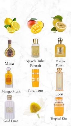 the different types of perfumes are shown in this poster, which includes oranges and lemons