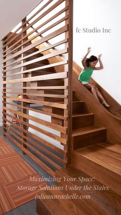 a woman climbing up the stairs in a green shirt