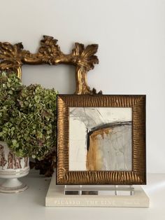 an ornate gold frame sits on a shelf next to a potted plant and a framed photograph