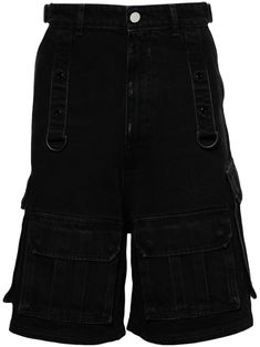 black cotton washed denim D-ring straps to the front and rear high-rise belt loops concealed fly and button fastening two diagonal pockets to the sides multiple cargo pockets two rear flap pockets wide leg knee-length When buying this unisex item, keep in mind that it is graded in standard men's sizing. Denim Cargo Shorts, Black Cargo Shorts, Bermuda Cargo, Denim Cargo, Black Cargo, Yoko London, Cargo Shorts Men, Cargo Jeans, Shorts Jeans