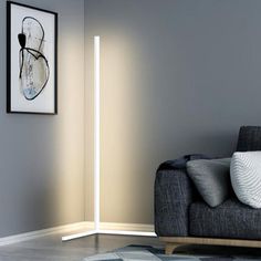 a living room with a gray couch and white floor lamp next to the grey wall