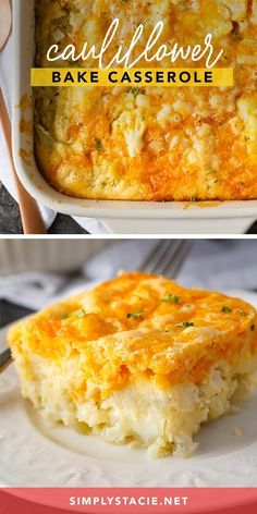 three different types of casserole on plates with text overlay that reads, cauliflower bake casserole