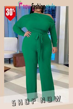 knowfashionstyle Green Casual Solid Patchwork Oblique Collar Plus Size Two Pieces(Contain The Belt) Plus Size Two Piece, Fashion Gallery, Wholesale Fashion, Two Pieces, Buy Now, Elastic Waist, Wide Leg, Solid Color, Sleeve Length