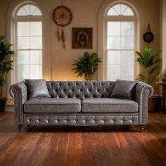 a grey couch sitting on top of a hard wood floor next to two potted plants