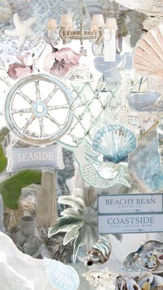 a collage of seashells, shells and other things in blue and white