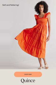 This floaty, flirty, light dress is about to become your fave for summer. Flattering A-line cut, smocked elasticated top, tiered poplin skirt. The sleeveless style has ruffle detailing and all in breathable, natural 100% organic cotton poplin. It's soft, comfy, and the midi-length has the potential to be dressed up or down.  | Quince | Women's Smocked Midi Dress in Vermilion Red, Size Large, Organic Cotton Summer Smocked Midi Dress With Ruffle Hem, Summer Tiered Smocked Dress With Ruffles, Summer Cotton Smocked Dress With Ruffle Hem, Tiered Smocked Dress With Ruffle Hem For Summer, Cotton Smocked Dress With Tiered Skirt For Summer, Summer Cotton Smocked Dress With Ruffles, Vacation Smocked Dress With Ruffles And Tiered Skirt, Vacation Smocked Tiered Dress With Ruffle Hem, Summer Tiered Smocked Dress With Smocked Cuffs