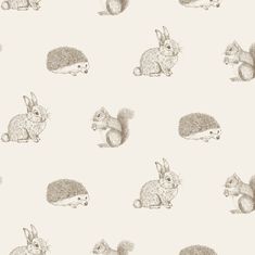 a drawing of rabbits and hedges on a white wallpaper with grey inking