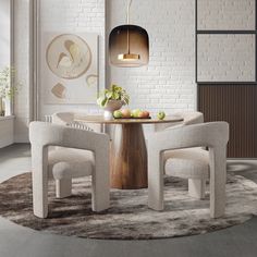 a round table with chairs around it in a living room next to a white brick wall