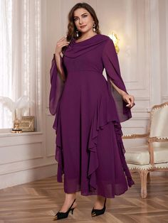 Plus Size Hooded Long Sleeve Split Hem Ruffled Trim Fashion Dress, Elegant A Line Maxi Dresses, For Evening Party/Wedding Guest/Anniversary Purple Elegant  Extra-Long Sleeve Woven Fabric Plain A Line Non-Stretch  Women Plus Clothing, size features are:Bust: ,Length: ,Sleeve Length: Green Plus Size Dresses, Trims Fashion, A Line Maxi Dress, Extra Long Sleeves, Evening Jackets, Plus Size Wedding, Curvy Outfits, Boho Women, Inspiration Mode