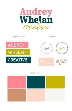 the logo and color scheme for audrey whellan creative, an art studio