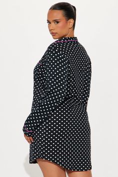 Available In Black/White, White/combo, And Hot Pink/combo. PJ Sleep Shirt Long Sleeve All Over Polka Dot Print Notch Collar Button Front Front Pocket Stretch Final Sale Disclaimer: Print Placement May Vary Shell: 95% Polyester 5% Spandex Imported | Buenas Noches PJ Sleep Shirt in Black/White size Small by Fashion Nova Relaxed Fit Long Sleeve Tops For Pajama Party, Fitted Long Sleeve Sleepwear For Pajama Party, Fitted Long Sleeve Tops For Sleepovers, Polka Dot Long Sleeve Top With Relaxed Fit, Long Sleeve Polka Dot Top With Relaxed Fit, White Long Sleeve Tops For Sleepover, Black Long Sleeve Sleep Top, Black Cotton Bedtime Top, Black Long Sleeve Cotton Sleepwear