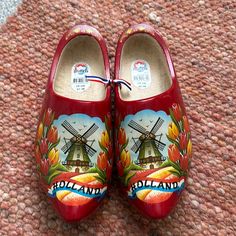 a pair of red shoes painted with flowers and windmills are on the floor next to a rug