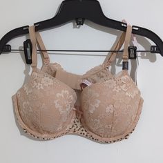 Body By Victoria Lined Demi Bra Size 36d Fitted Beige Bra With Lace Trim, Fitted Beige Lace Trim Bra, Spring Beige Full Cup Bra, Spring Lace Beige Bra, Spring Beige Lace Bra, Victoria's Secret Bra With Adjustable Straps, Elegant Bra With Adjustable Straps For Spring, Elegant Spring Bra With Adjustable Straps, Partially Lined Lace Bra In Beige