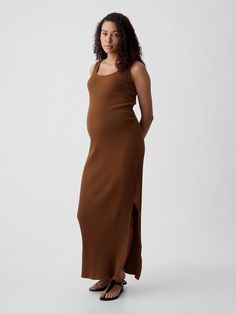 Soft, stretch ribbed knit maternity maxi dress.  Scoop neck.  Tank straps.  Slit at hem.  Please note: Maternity styles cannot be returned in store.  Please enjoy free returns by mail.  Choose your maternity Coffee Brown Dress, Maternity Styles, Ribbed Maxi Dress, Maternity Maxi Dress, Gap Maternity, Dress Maternity, Maternity Maxi, Brand Collaboration, Pregnant Mom