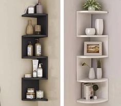 two shelves that have different types of items on them, one is black and the other white