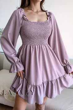 Lasaky - Sophisticated and Comfortable A-Line Maxi Dress with Long Sleeves and Shirt Collar Robes Glamour, Long Sleeve Ruffle Dress, Smocked Dresses, Flare Long Sleeve, Mini Dress Fashion, Square Neck Dress, Solid Color Dress, Ruffle Mini Dress, Ruffle Hem Dress