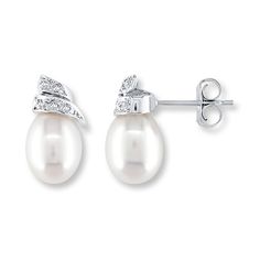 Lustrous baroque-shaped cultured pearls are crowned with swirls dotted with sparkling diamond accents in these lovely earrings for her. Fashioned in 14K white gold, the earrings secure with friction backs. Evening Pearl Earrings In Diamond White, Diamond White Pearl Earrings For Evening, Elegant Teardrop Pearl Earrings With Diamond Accents, Anniversary Pearl Bridal Earrings With Diamond Accents, White Pearl Earrings With Diamond Accents For Anniversary, White Pearl Earrings With Diamond Accents For Evening, Elegant Pearl Earrings With Diamond Accents For Anniversary, White Teardrop Pearl Earrings With Diamond Accents, Fine Jewelry Pearl Earrings With Diamond Accents For Evening