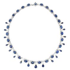 This collar necklace is the definition of regality. It is designed to dazzle when laid on the décolletage of a woman. Delicate yet bold, elegant and sophisticated, it screams royalty for the wearer. Paired with an off-shoulder dress or lower neckline, you will be the talk of the ball. Specifications: - 46.89 Carat Sapphire Stones - 12.01 Carat Diamonds, F-G Color, VSII-SI Clarity - Metal: 18K White Gold - Victorian style Sapphire Stones, White Gold Necklace, White Gold Necklaces, Antique Necklace, Old Jewelry, Sapphire Stone, Sapphire Diamond, Victorian Style, Collar Necklace