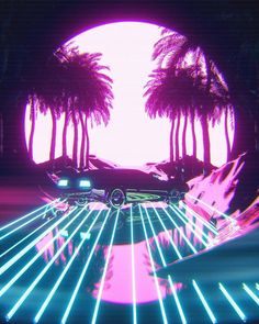 a car driving down a road with palm trees and neon lights in front of it