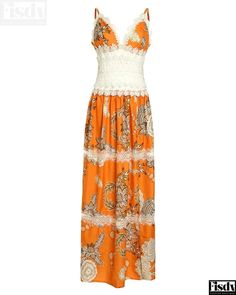 Fisdy - Maxivestido con estampado floral, encaje en contraste y abertura en el bajo Orange Trends, Stylish Maxi Dress, Elegant Maxi Dress, Neck Bodycon Dress, Hem Design, Floral Decoration, Pleated Maxi Dress, Floral Print Maxi Dress, Floral Print Maxi