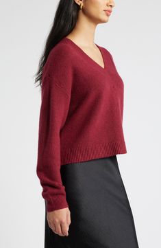 Amp up your cozy vibe in this slouchy V-neck designed with ribbed trim for a soft look and feel. 21" length (size medium) V-neck Long sleeves 40% nylon, 36% acrylic, 20% cotton, 4% spandex Hand wash, dry flat Imported Red Grape, Red Grapes, V Neck Sweater, Neck Designs, Vneck Sweater, Hand Wash, Nordstrom, Long Sleeves, Trim