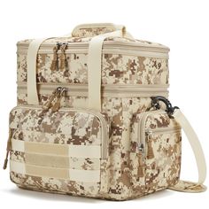 a large bag with multiple compartments on the front and side, all in digital camo