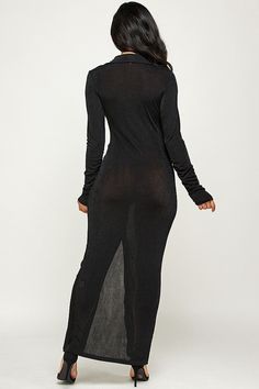 Turn heads in this super sexy, slinky maxi dress. It feature long sleeves, a button down front, collard neckline, and ruching detailing. Pair it with some heels for a night out or open it up & wear it as a duster for a more casual look. 90% polyester 10% spandex Fitted Long Maxi Dress For Club, Sleek Stretch Maxi Dress For Date Night, Spring Maxi Dress With Long Sleeves For Night Out, Spring Long Sleeve Maxi Dress For Night Out, Fall Maxi Dress For Club, Maxi Dress For Club In Fall Season, Stretch Long Sleeve Maxi Dress For Date Night, Fall Season Club Maxi Dress, Bodycon Maxi Dress For Going Out