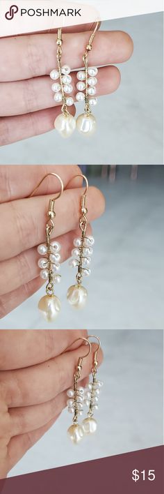 ❤🆕️ Golden Ttendy Stunning Earrings With Pearls Length 2" boutique Jewelry Earrings White Teardrop Wire Wrapped Earrings, White Dangle Pearl Earrings, Handmade White Pearl Earrings With Metal, White Pearl Earrings With Ear Wire, White Wire Wrapped Pearl Earrings For Gift, White Drop Earrings With Ear Wire, White Wire Wrapped Round Pearl Earrings, Handmade White Metal Pearl Earrings, White Teardrop Wire Wrapped Pearl Earrings