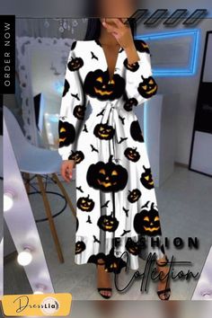 Halloween Casual V Neck Long Dress Dresses Halloween, Printed Dresses Fashion, Rave Dress, Halloween Color, Cake Skirt, Vogue Dress, Long Sleeve Print Dress, Straight Dress, Dresses By Length