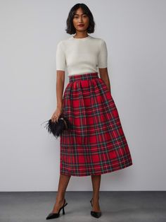 Tartan Pleated Midi Skirt | New York & Company Scottish Skirt Outfit, Plaid Pleated Skirt Outfit, Tartan Skirt Outfit, Pleated Skirt And Sweater, Tartan Midi Skirt, Mode Tartan, Tartan Clothing, Tartan Fashion, Red Plaid Skirt