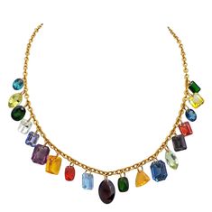 One-of-a-kind, multiple gemstone charms linked on a 22k yellow gold cable chain necklace. There are nineteen drilled gem charms in this necklace including: Topaz, Zircon, Aquamarine, Peridot, Lab-created Alexandrite, Fire Opal, Citrine, Labradorite, Spinel, Garnet, Amethyst, Apatite, Chrome Diopside and Goshenite Beryl. Unique and colorful artisan charm necklace. 22k Gold Chain Necklace, 22k Gold Chain, Crystal Statement Necklace, Citrine Necklace, Charm Chain, Gold Charm Necklace, Gold Diamond Necklace, Yellow Gold Chain, Gold Chain Necklace