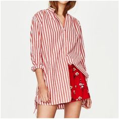 Nwt Zara Red White Striped Oversized Button Down Size Medium New W/ Tags In Trend For Summer Questions? Leave A Comment Below! Oversized Red Button-up Blouse, Oversized Red Casual Blouse, Red Relaxed Fit Beach Blouse, Casual Red Oversized Blouse, Red Relaxed Fit Blouse For Beach, Oversized Red Tops With Buttons, Oversized Red Button-up Tops, Red Oversized Buttoned Tops, Red Oversized Chic Tops