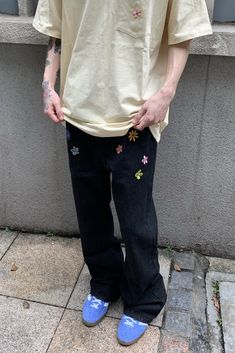 flower embroidery jeans, black flared jeans, indie aesthetic clothes, indie aesthetic style, boogzel clothing Black Flared Jeans