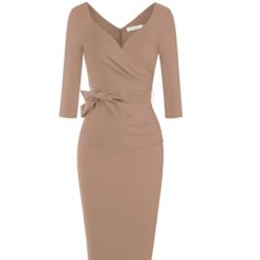 65% Rayon, 30% Cotton, 5% Spandex Imported Zipper Closure Elegant Pinup 60s Style, Sweetheart Neckline, Wrap Ruched Belt Waist Below The Knee Dress Ultra Form-Fitting,Extremely Comfortable,With A Hidden Zipper At The Back This Dress Is Absolutely Amazing And It Fits Your Curves Perfectly Great For Formal,Wedding Bridesmaid,Evening Party And Work Event Just Ask For Available Sizes Xs S M L Xl Xxl Item No. Mp549 Elegant Brown Bodycon Dress, Chic Fitted Brown Midi Dress, Chic Brown Fitted Midi Dress, Brown V-neck Midi Dress For Cocktail, Vintage Beige V-neck Midi Dress, Fitted Beige Midi Dress For Office, Chic Fitted Brown Dress, Beige V-neck Office Dresses, Brown V-neck Cocktail Dress