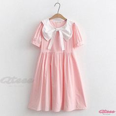 Qteee - Refined Doll Collar Puff Sleeve A-line Dress with Bow Embellishment Spring Short Sleeve Kawaii Dress, Spring Kawaii Short Sleeve Dresses, Kawaii Style Short Sleeve Dresses, Pink Kawaii Mini Dress With Short Sleeves, Casual A-line Dress With Bow, Cotton Dresses With Peter Pan Collar, Cute Pink Dress With Peter Pan Collar, Short Sleeve Cotton Dress With Bow, Feminine Pink Dress With Peter Pan Collar