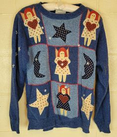 VTG Susan Bristol Hand Embroidered Sweater Stars Moon Angels SM Grannycore Hand Embroidered Sweater, Applique Clothing, Stars Moon, Star Sweater, Embroidered Sweater, Beautiful Sweater, Stars And Moon, Bristol, Hand Embroidered