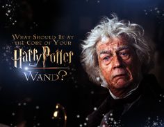 an old man with white hair and blue eyes in front of a dark background that says, what should be at the core of your harry potter wand?