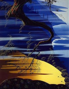 an image of a painting with trees in the foreground and water on the far side