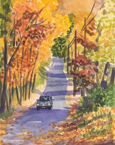 a painting of a car driving down a road in the fall