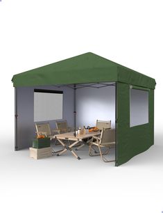 a green tent with chairs and tables in front of it on a white background,